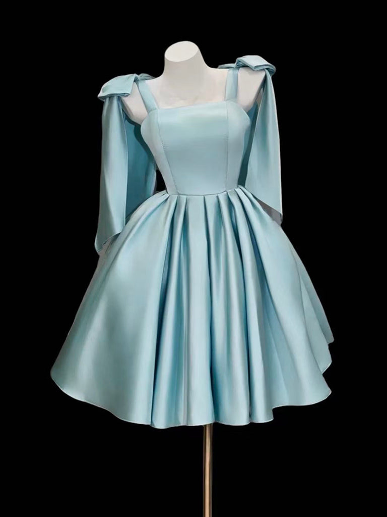 A-Line Satin Blue Short Formal Prom Dresses With Bow Tie Main image