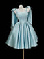 A-Line Satin Blue Short Formal Prom Dresses With Bow Tie