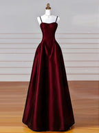 A-Line Satin Burgundy Long Formal Prom Dresses, Burgundy Long Formal Dresses