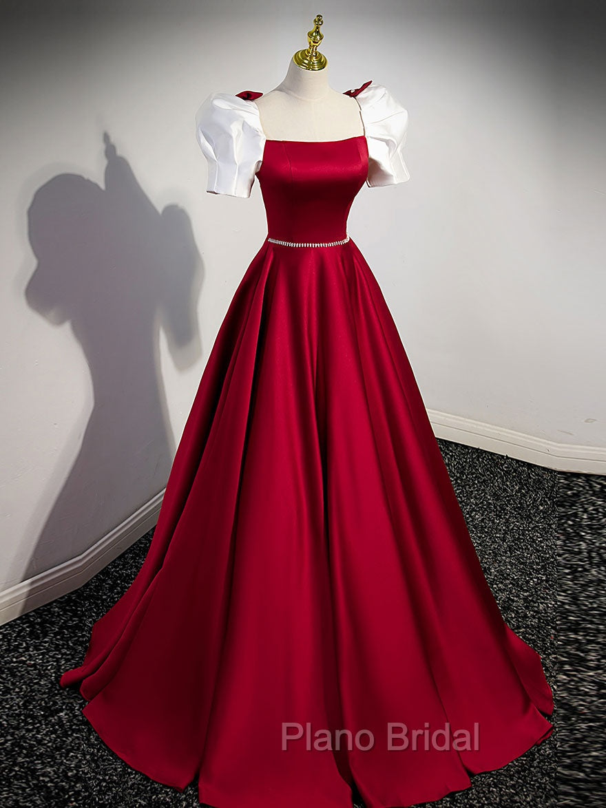 A-Line Satin Burgundy Long Formal Prom Dresses, Puffy Sleeve Formal Evening Dresses