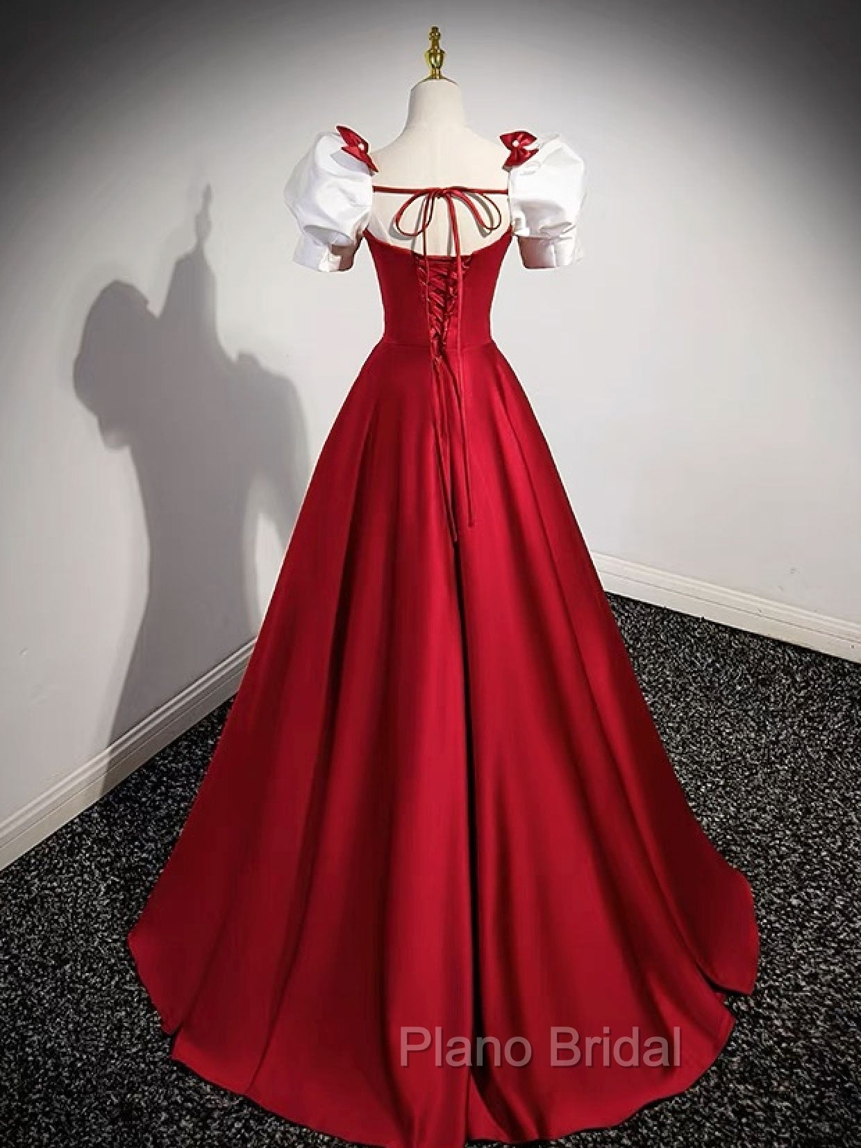 A-Line Satin Burgundy Long Formal Prom Dresses, Puffy Sleeve Formal Evening Dresses