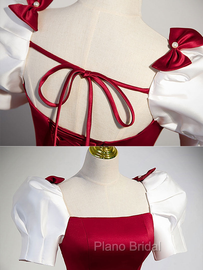 A-Line Satin Burgundy Long Formal Prom Dresses, Puffy Sleeve Formal Evening Dresses