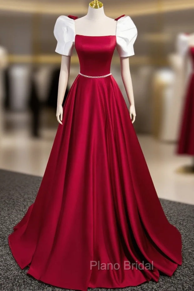 A-Line Satin Burgundy Long Formal Prom Dresses, Puffy Sleeve Formal Evening Dresses