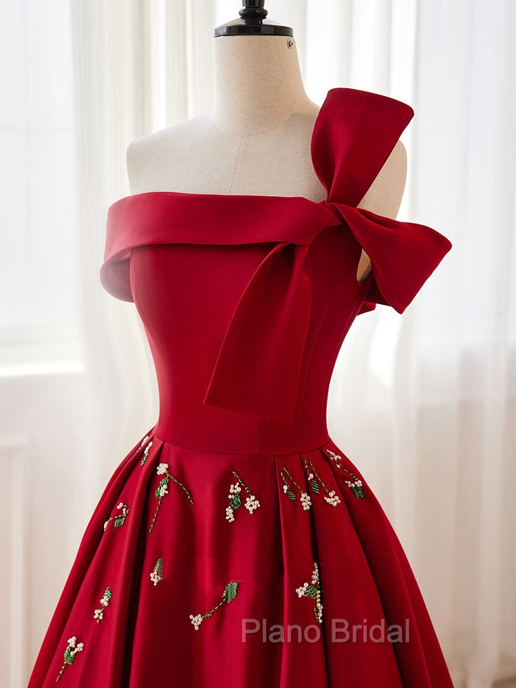 A-Line Satin Burgundy Short Formal Prom Dresses, Burgundy Homecoming Dresses with Beading