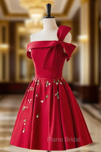 A-Line Satin Burgundy Short Formal Prom Dresses, Burgundy Homecoming Dresses with Beading