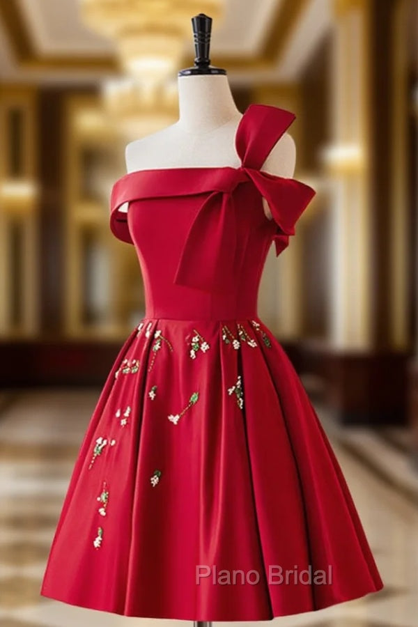 A-Line Satin Burgundy Short Formal Prom Dresses, Burgundy Homecoming Dresses with Beading Main image