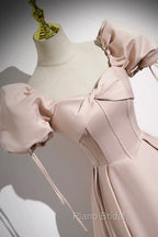 A-Line Satin Floor Length Pink Corset Formal Prom Dresses, Off the Shoulder Evening Dresses
