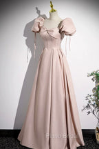 A-Line Satin Floor Length Pink Corset Formal Prom Dresses, Off the Shoulder Evening Dresses