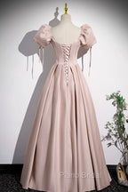 A-Line Satin Floor Length Pink Corset Formal Prom Dresses, Off the Shoulder Evening Dresses