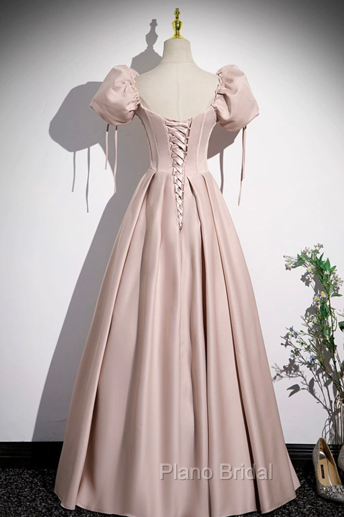 A-Line Satin Floor Length Pink Corset Formal Prom Dresses, Off the Shoulder Evening Dresses