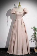 A-Line Satin Floor Length Pink Corset Formal Prom Dresses, Off the Shoulder Evening Dresses