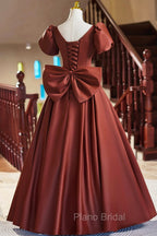 A-Line Satin Floor Length Formal Prom Dresses, Elegant Short Sleeve Evening Party Dresses