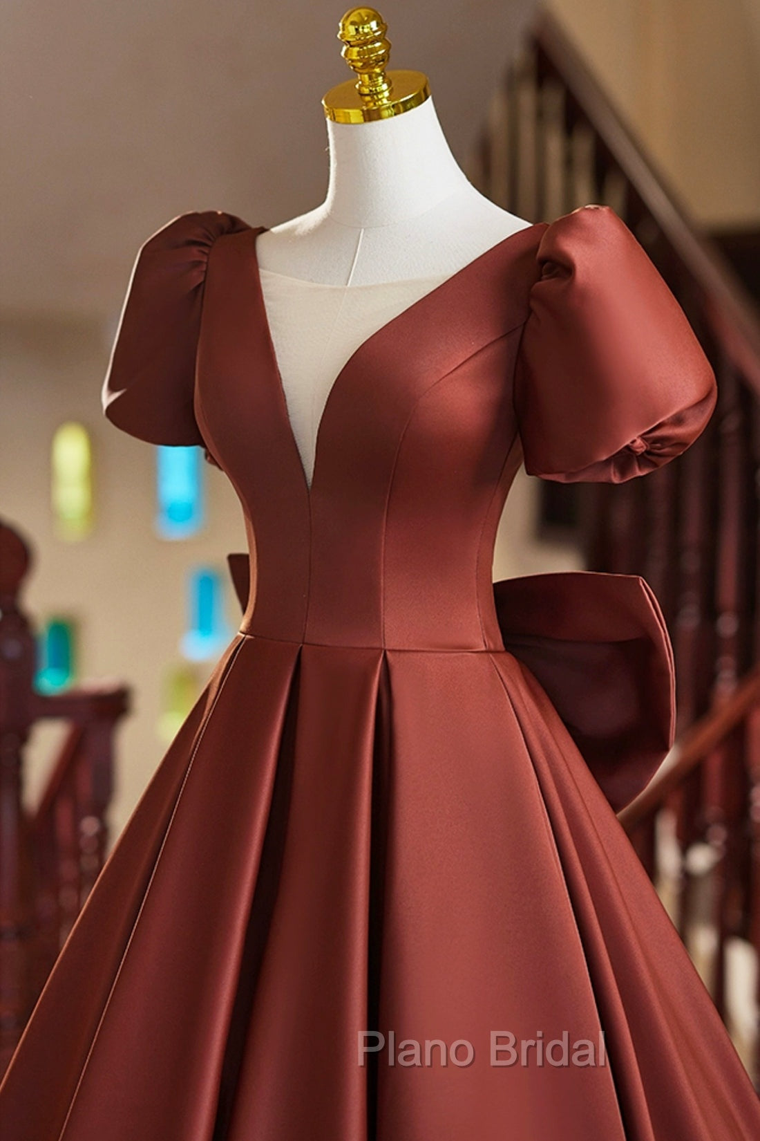 A-Line Satin Floor Length Formal Prom Dresses, Elegant Short Sleeve Evening Party Dresses