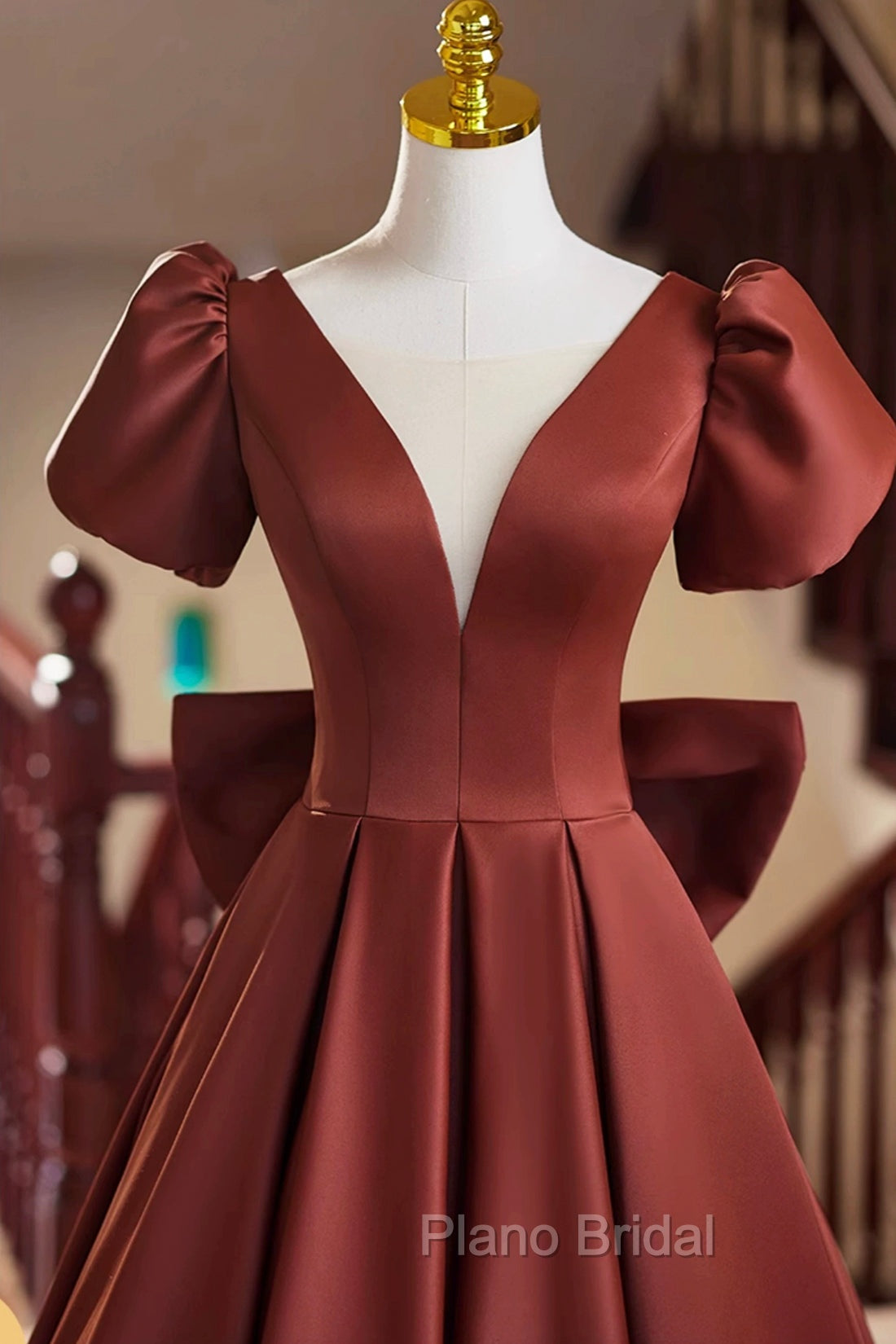 A-Line Satin Floor Length Formal Prom Dresses, Elegant Short Sleeve Evening Party Dresses