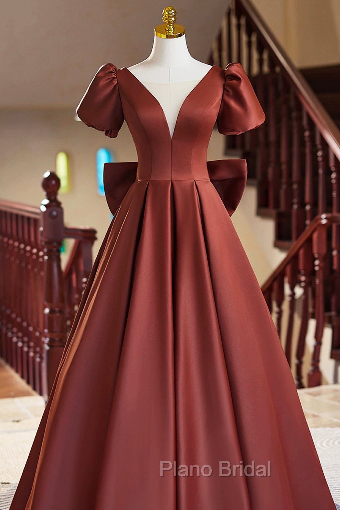 A-Line Satin Floor Length Formal Prom Dresses, Elegant Short Sleeve Evening Party Dresses