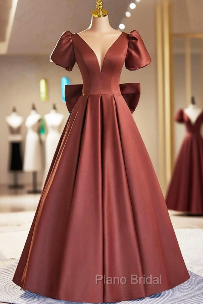 A-Line Satin Floor Length Formal Prom Dresses, Elegant Short Sleeve Evening Party Dresses Main image