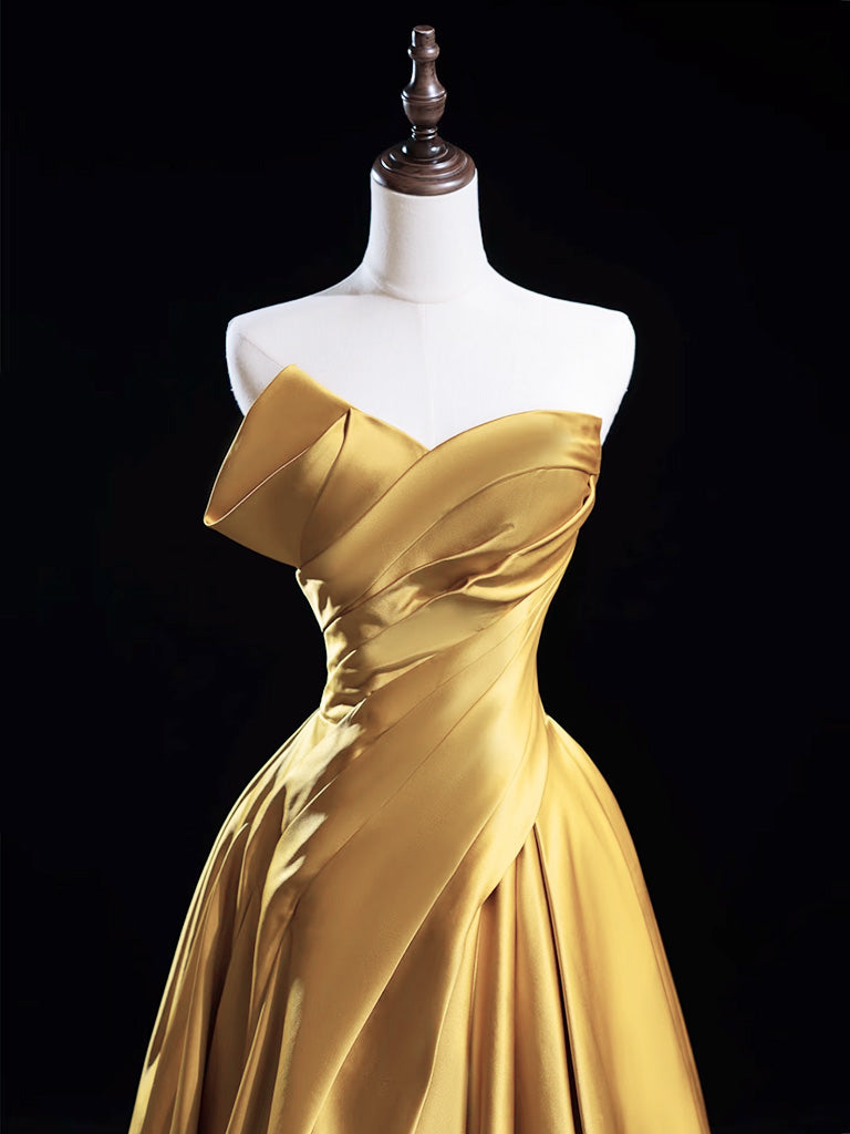 A-Line Satin Gold Long Formal Prom Dresses, Gold Long Formal Dresses Secondary image