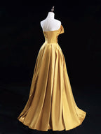 A-Line Satin Gold Long Formal Prom Dresses, Gold Long Formal Dresses