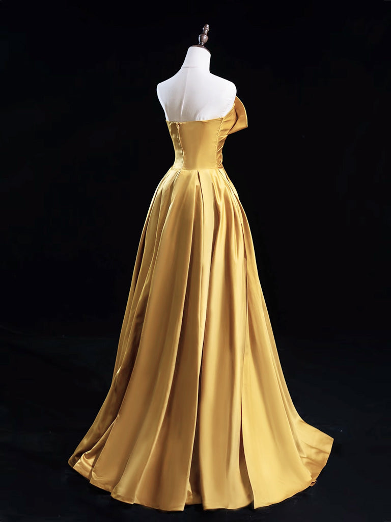 A-Line Satin Gold Long Formal Prom Dresses, Gold Long Formal Dresses