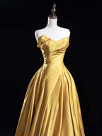 A-Line Satin Gold Long Formal Prom Dresses, Gold Long Formal Dresses