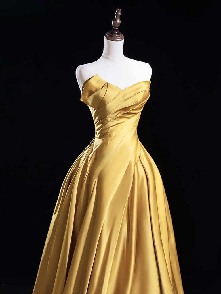 A-Line Satin Gold Long Formal Prom Dresses, Gold Long Formal Dresses