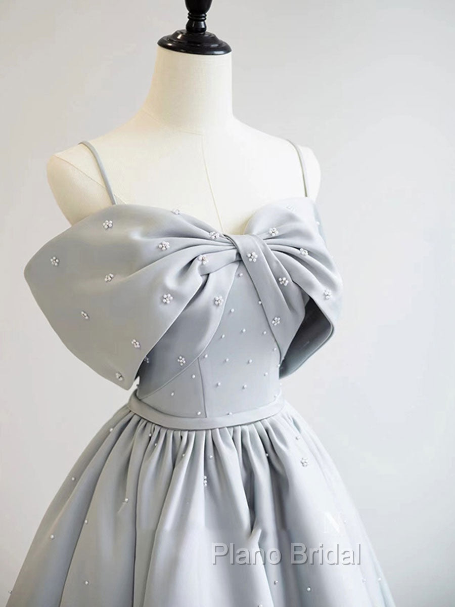 A-Line Satin Gray Long Formal Prom Dresses, Gray Long Formal Dresses