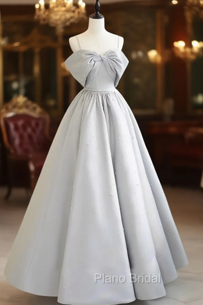 A-Line Satin Gray Long Formal Prom Dresses, Gray Long Formal Dresses