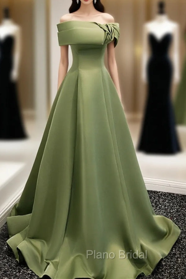 A-Line Satin Green Long Formal Prom Dresses, Green Formal Dresses Main image