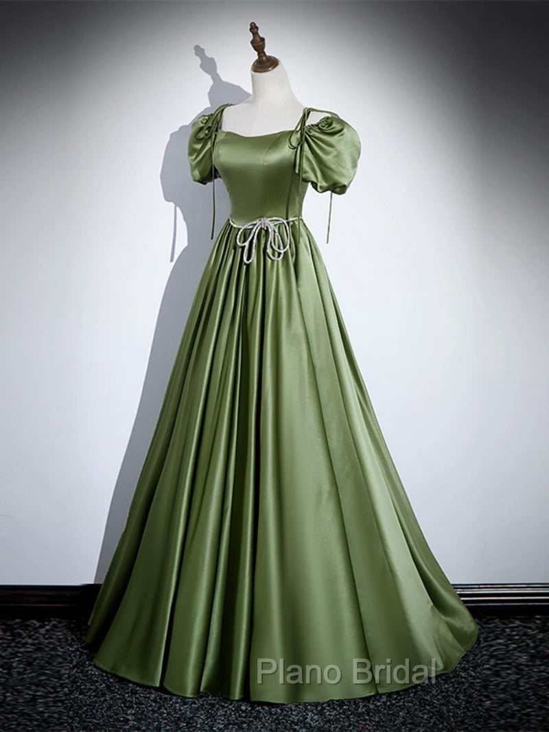 A-Line Satin Green Long Formal Prom Dresses, Green Formal Evening Dresses Secondary image