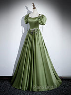 A-Line Satin Green Long Formal Prom Dresses, Green Formal Evening Dresses