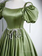 A-Line Satin Green Long Formal Prom Dresses, Green Formal Evening Dresses