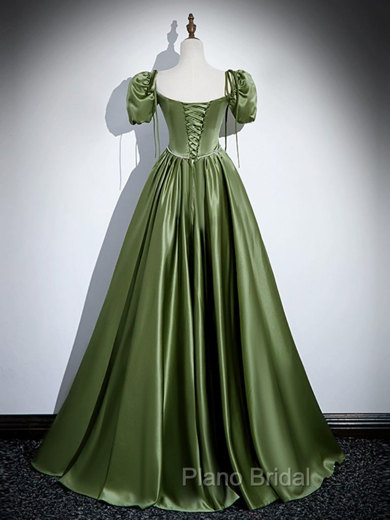 A-Line Satin Green Long Formal Prom Dresses, Green Formal Evening Dresses