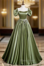 A-Line Satin Green Long Formal Prom Dresses, Green Formal Evening Dresses