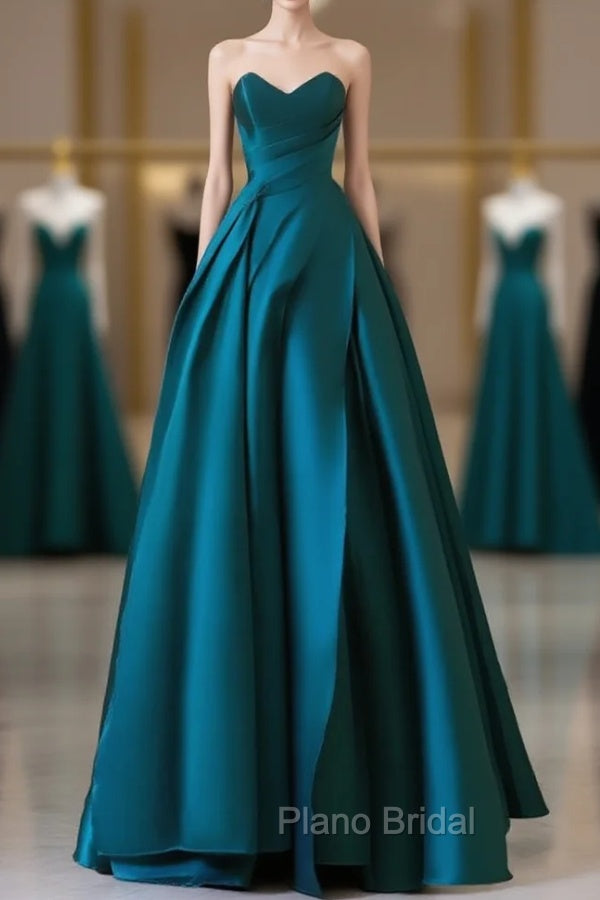 A-Line Satin Green Long Formal Prom Dresses, Green Satin Long Formal Dresses Main image