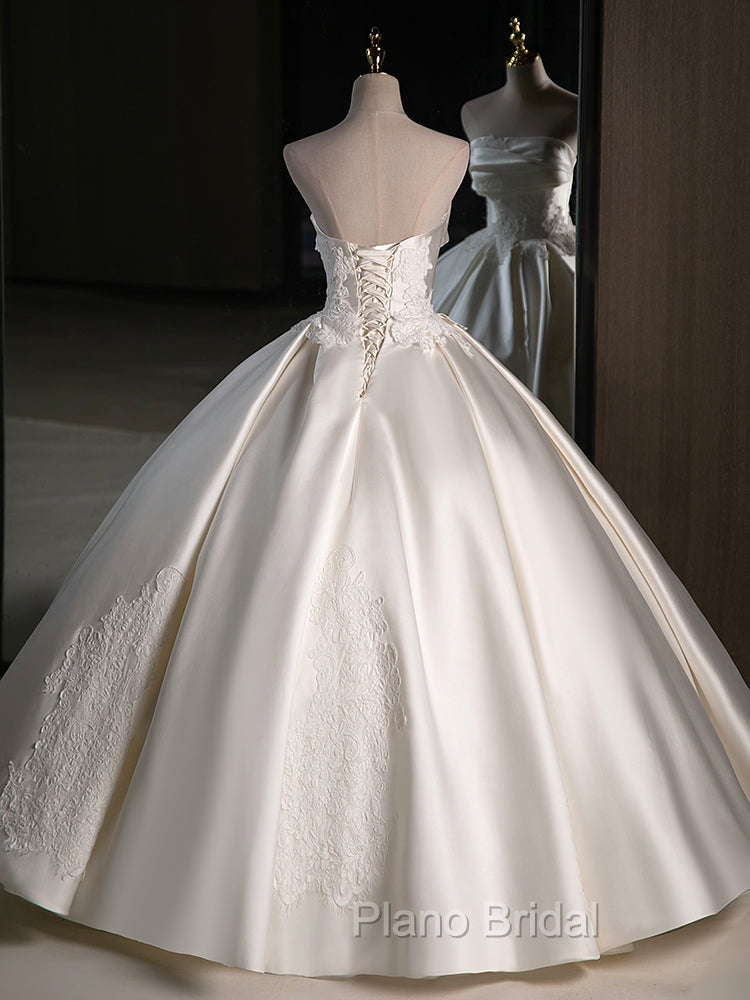 A-Line Satin Lace  ivory Long Wedding Dresses, Lace Weeding Party Dresses Secondary image