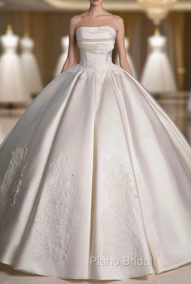 A-Line Satin Lace  ivory Long Wedding Dresses, Lace Weeding Party Dresses