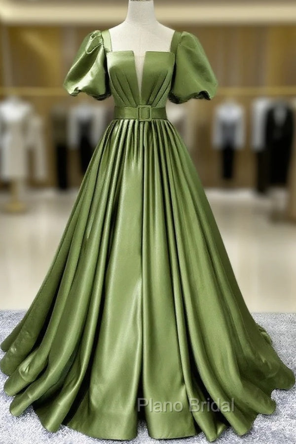 A line Satin Long Green Formal Prom Dresses, Green Formal Evening Graduation Dresses Main image
