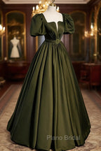 A-Line Satin Long Formal Prom Dresses, Dark Green Short Sleeve Evening Graduation Dresses