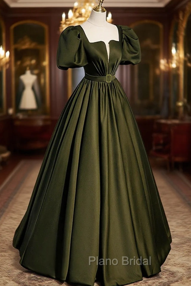 A-Line Satin Long Formal Prom Dresses, Dark Green Short Sleeve Evening Graduation Dresses