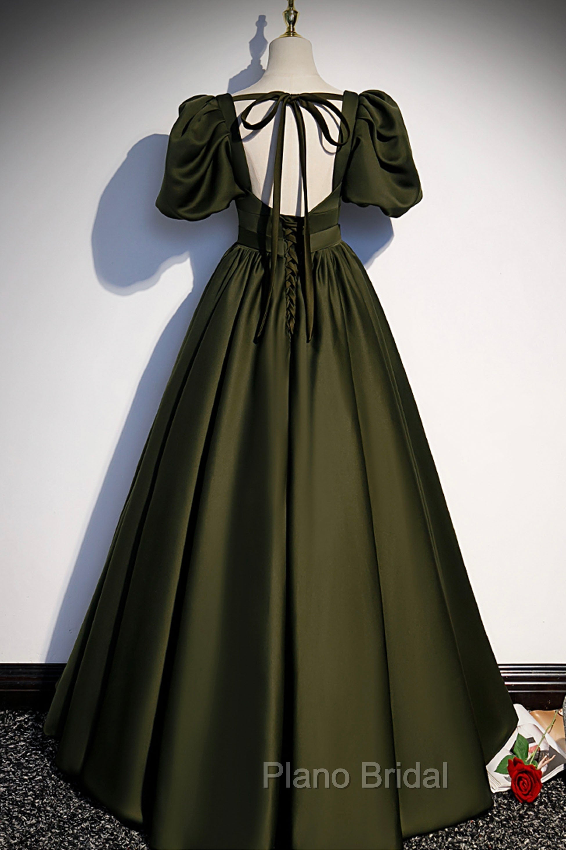 A-Line Satin Long Formal Prom Dresses, Dark Green Short Sleeve Evening Graduation Dresses