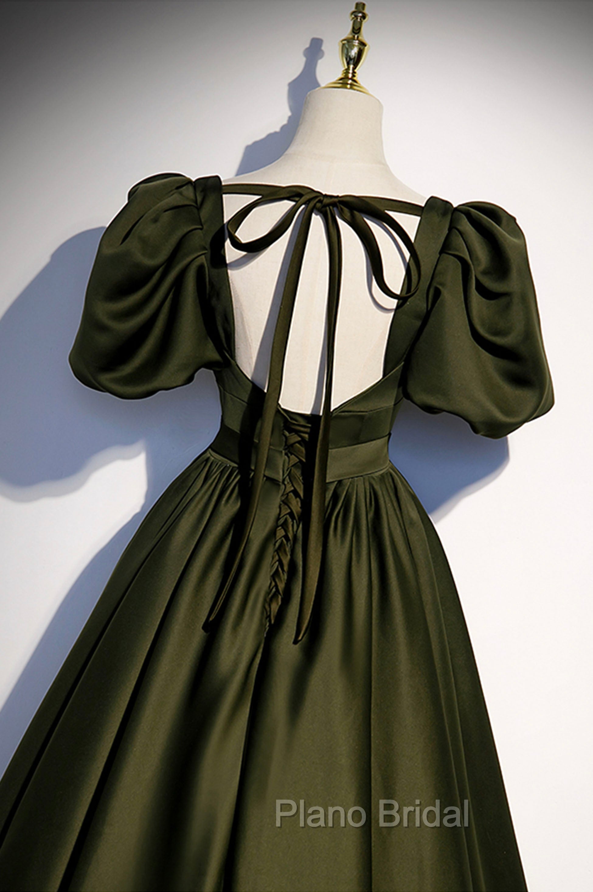 A-Line Satin Long Formal Prom Dresses, Dark Green Short Sleeve Evening Graduation Dresses