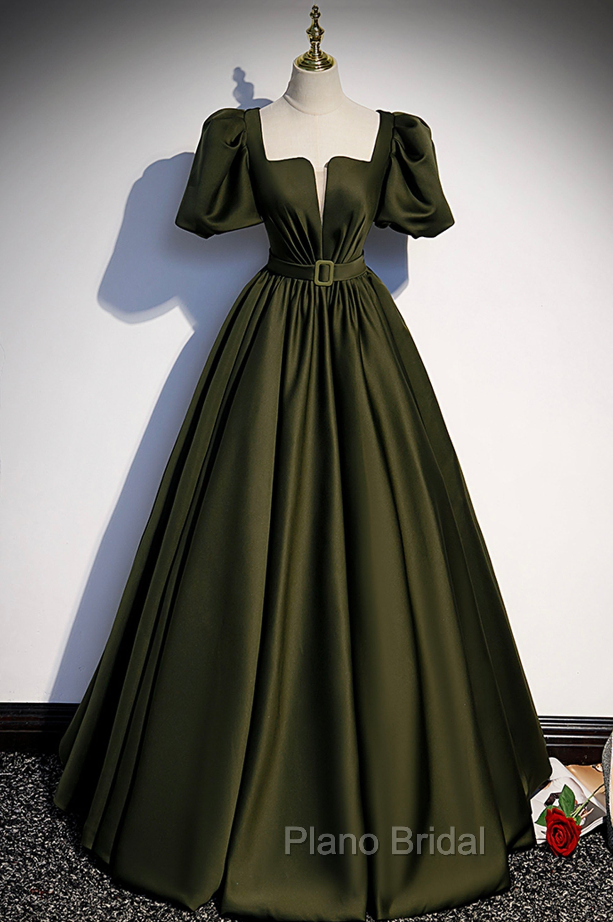 A-Line Satin Long Formal Prom Dresses, Dark Green Short Sleeve Evening Graduation Dresses Main image