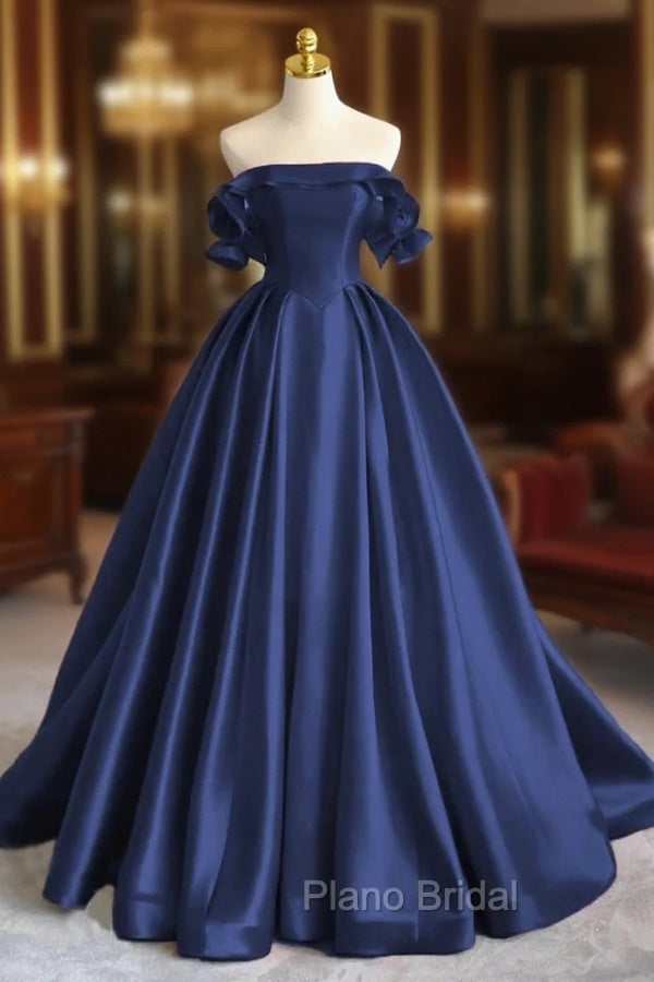 A-Line Satin Long Formal Prom Dresses, Elegant Off The Shoulder Evening Party Dresses Main image