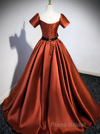 A-Line Satin Orange Long Formal Prom Dresses, Orange Formal Evening Dresses
