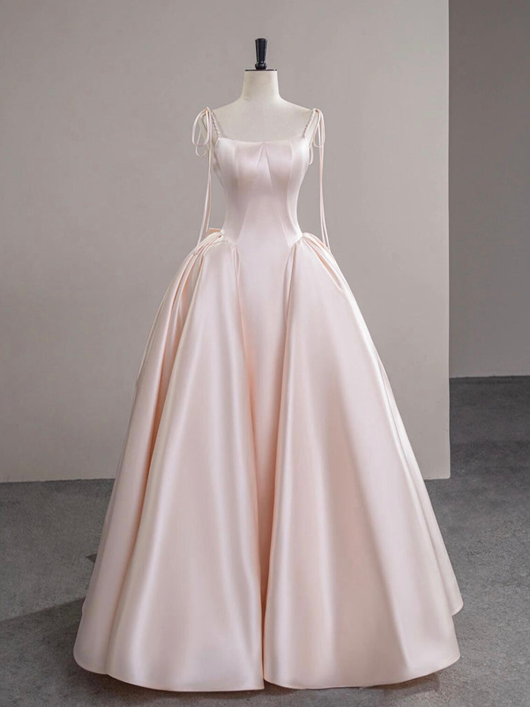 A-Line Satin Pink Champagne Long Formal Prom Dresses, Pink Champagne Long Prom Dresses Main image