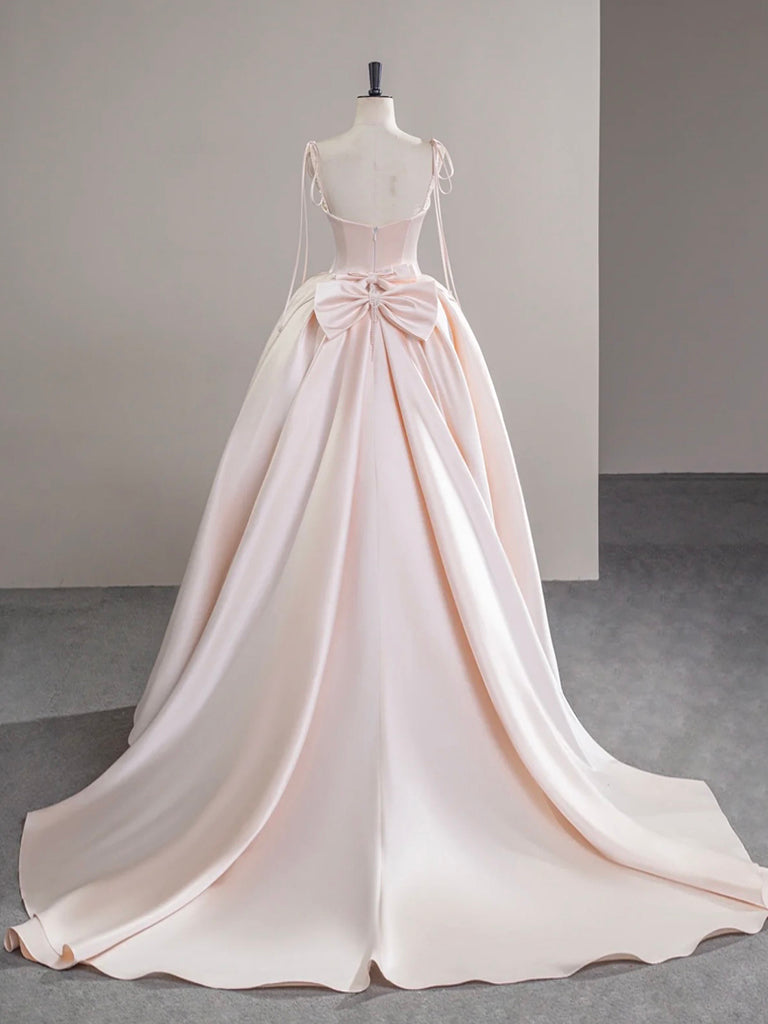 A-Line Satin Pink Champagne Long Formal Prom Dresses, Pink Champagne Long Prom Dresses