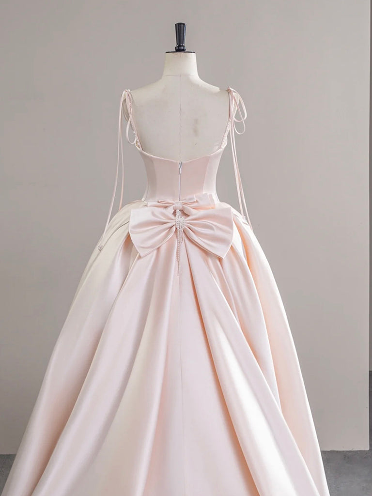 A-Line Satin Pink Champagne Long Formal Prom Dresses, Pink Champagne Long Prom Dresses