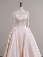 A-Line Satin Pink Champagne Long Formal Prom Dresses, Pink Champagne Long Prom Dresses