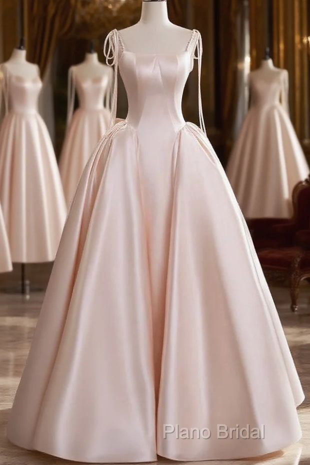A-Line Satin Pink Champagne Long Formal Prom Dresses, Pink Champagne Long Formal Dresses Main image