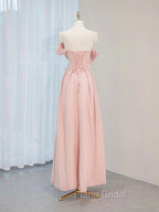 A-Line Satin Pink Long Formal Prom Dresses, Pink Long Formal Dresses